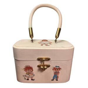 Vintage Raggedy Ann & Andy Wood Box Purse Red Gingham Lined Handle 70s 80s